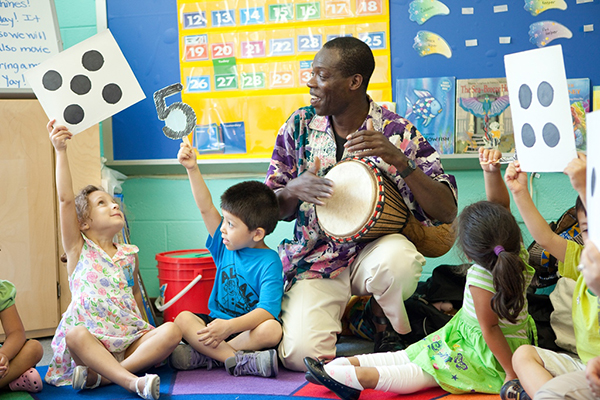 Niños en círculo aprendiendo música en comunidad